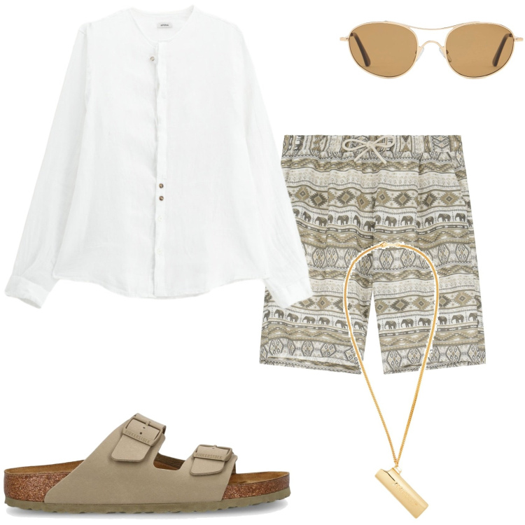 Outfit uomo - In spiaggia per un aperitivo. Stile Trendy per Mare. Abbinamento con collane, bermuda, camicie, sandali, occhiali da sole.