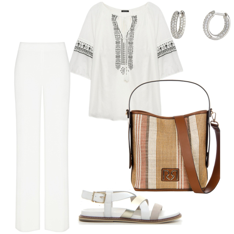Outfit donna - Il bianco. per Tutti i giorni. Abbinamento con orecchini, pantaloni a palazzo, borse a secchiello, bluse, sandali.