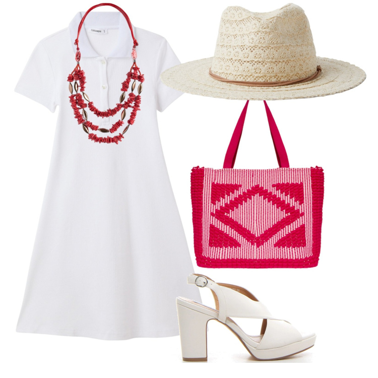 Outfit donna - Commissioni. per Tutti i giorni. Abbinamento con cappelli, vestiti corti, borse a mano, sandali col tacco, collane.