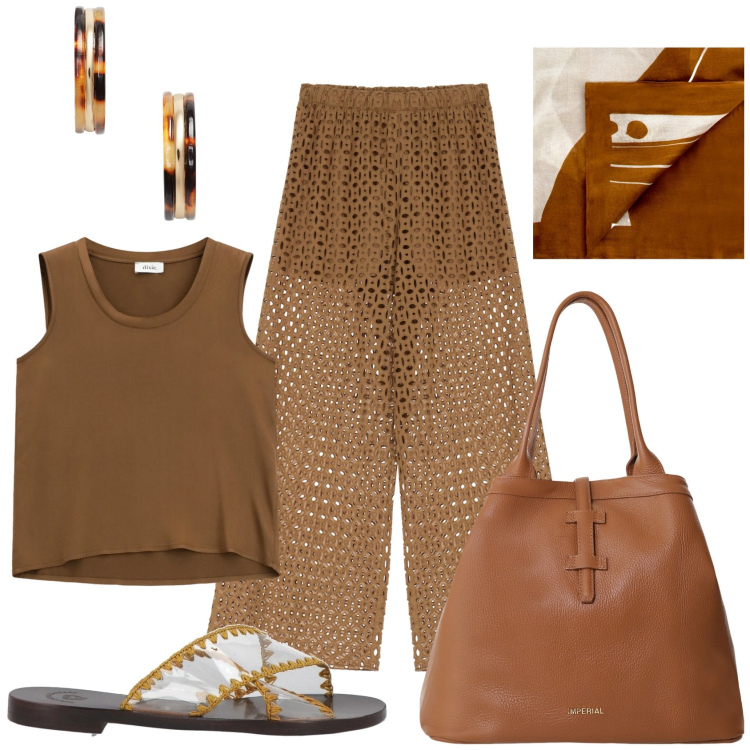 Outfit donna - Città d\'estate. Stile Casual per Tutti i giorni. Abbinamento con sandali in pelle, sciarpe, borse tote, pantaloni a palazzo, top, orecchini.