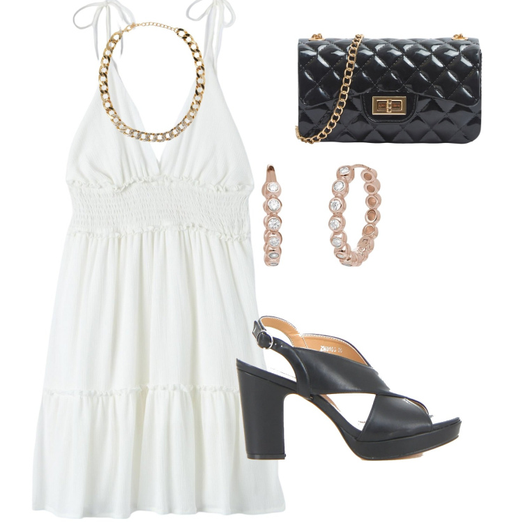 Outfit donna - Serata super. per Serata fuori. Abbinamento con borse a tracolla, collane, vestiti, orecchini, sandali col tacco.