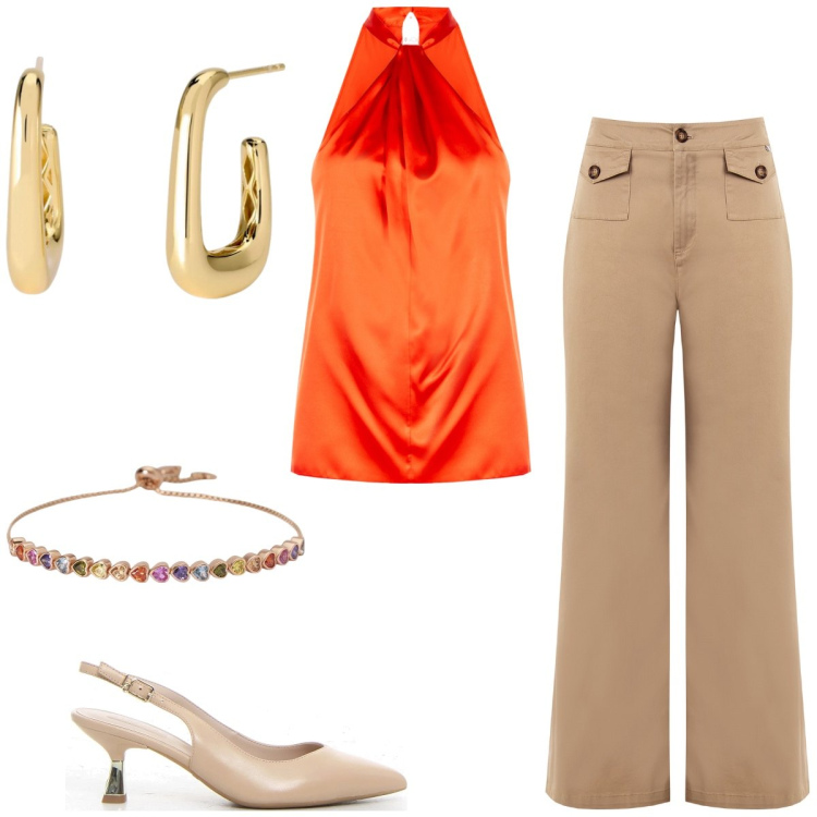 Outfit donna - Total look #2186528. Stile Casual chic per Tutti i giorni. Abbinamento con braccialetti, orecchini, pantaloni, top, décolleté.