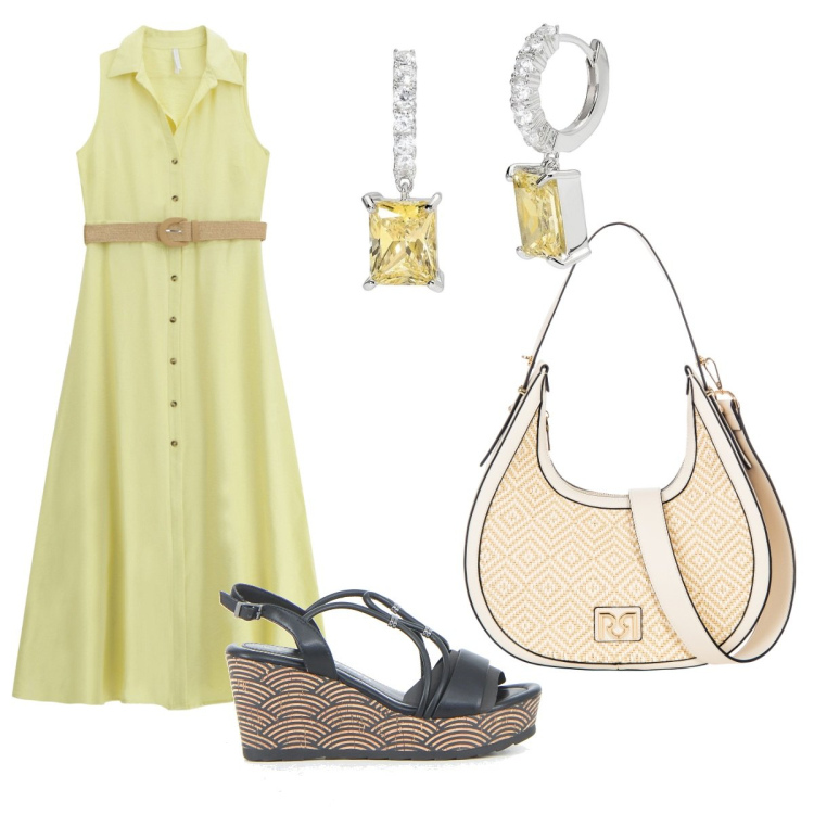 Outfit donna - Vintage a giugno. Stile Vintage retrò per Tutti i giorni. Abbinamento con orecchini, borse a mano, vestiti senza maniche, sandali in pelle.