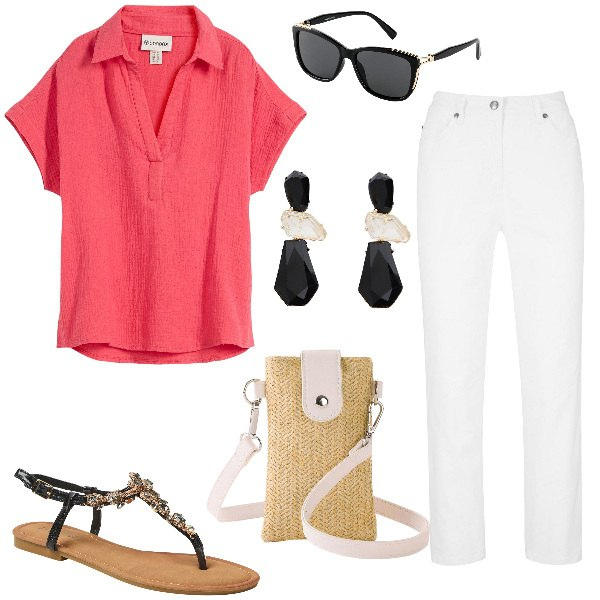 Outfit donna - Easy in corallo e bianco. Stile Minimal per Tutti i giorni. Abbinamento con pantaloni, occhiali da sole, bluse, borse a tracolla, sandali gioiello, orecchini.
