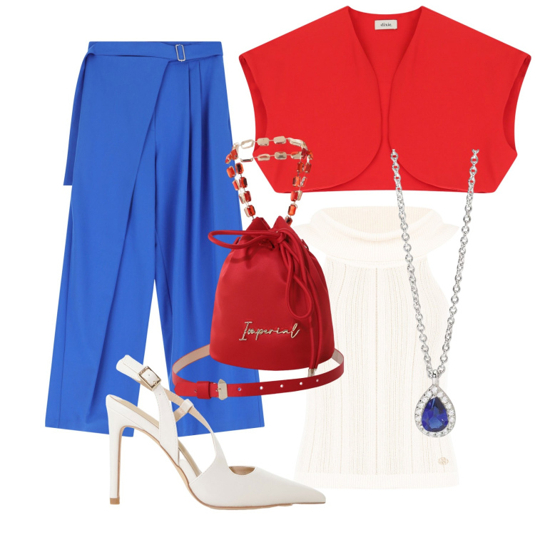 Outfit donna - U.S.A. outfit. Stile Minimal per Ufficio. Abbinamento con collane, top, pantaloni a palazzo, borse a secchiello, décolleté, gilet.