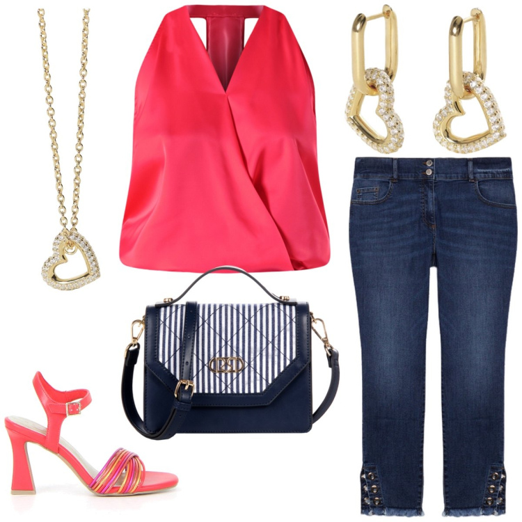 Outfit donna - Total look #2186534. Stile Casual chic per Tutti i giorni. Abbinamento con orecchini, collane, borse a mano, top, sandali col tacco, jeans skinny.