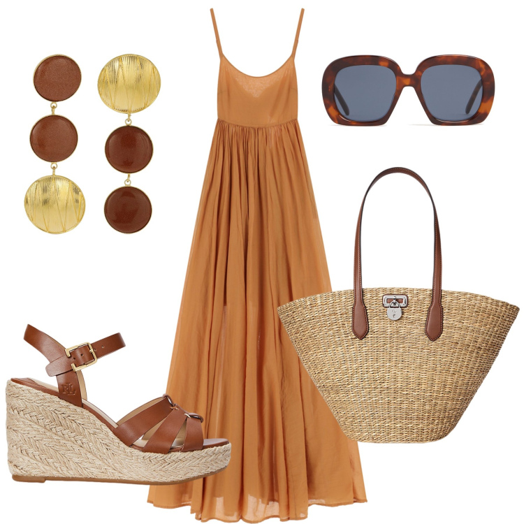 Outfit donna - Colori della terra. Stile Casual per Tutti i giorni. Abbinamento con vestiti lunghi, espadrillas, borse tote, orecchini, occhiali da sole.