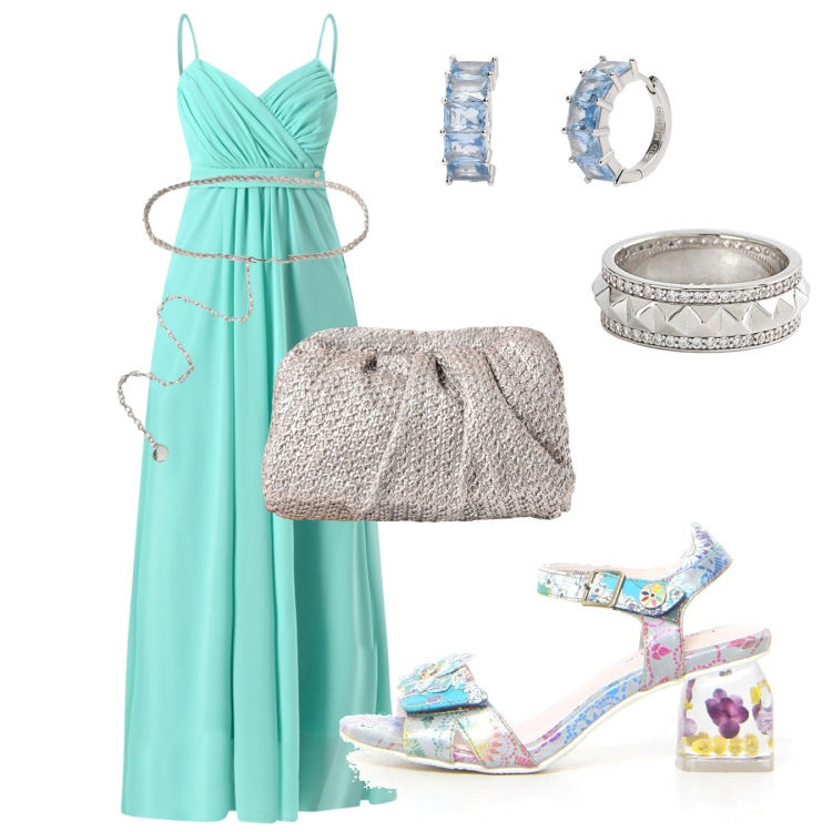 Outfit donna - Bella in turchese. Stile Casual chic per Serata fuori. Abbinamento con anelli, orecchini, clutch, vestiti lunghi, cinture, sandali col tacco.