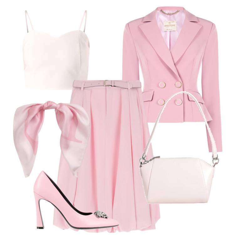 Outfit donna - Confetto rosa. Stile Chic per Cerimonia. Abbinamento con borse a mano, décolleté, blazer, canottiere, gonne longuette, foulard.