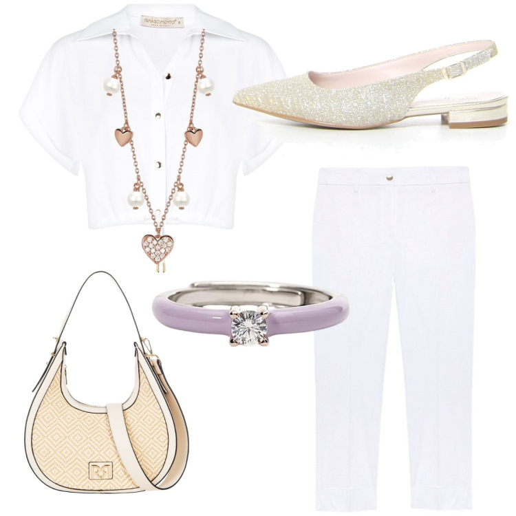 Outfit donna - Bianco e .......... Stile Casual chic per Scuola/Università. Abbinamento con anelli, collane, borse a mano, camicie a manica corta, pantaloni chino, décolleté.