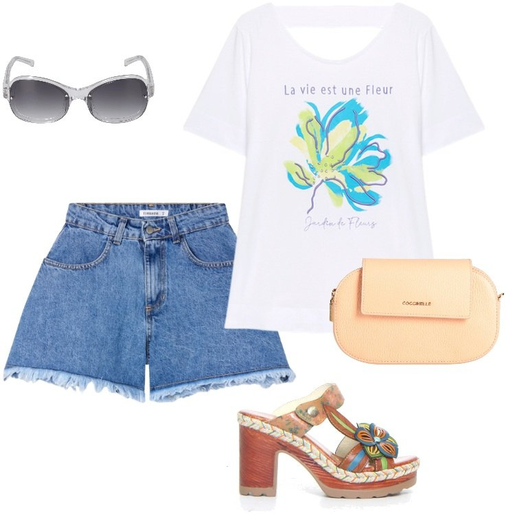 Outfit donna - Total look #2186557. Stile Boho per Tutti i giorni. Abbinamento con borse a mano, shorts, t-shirt, occhiali da sole, ciabatte.