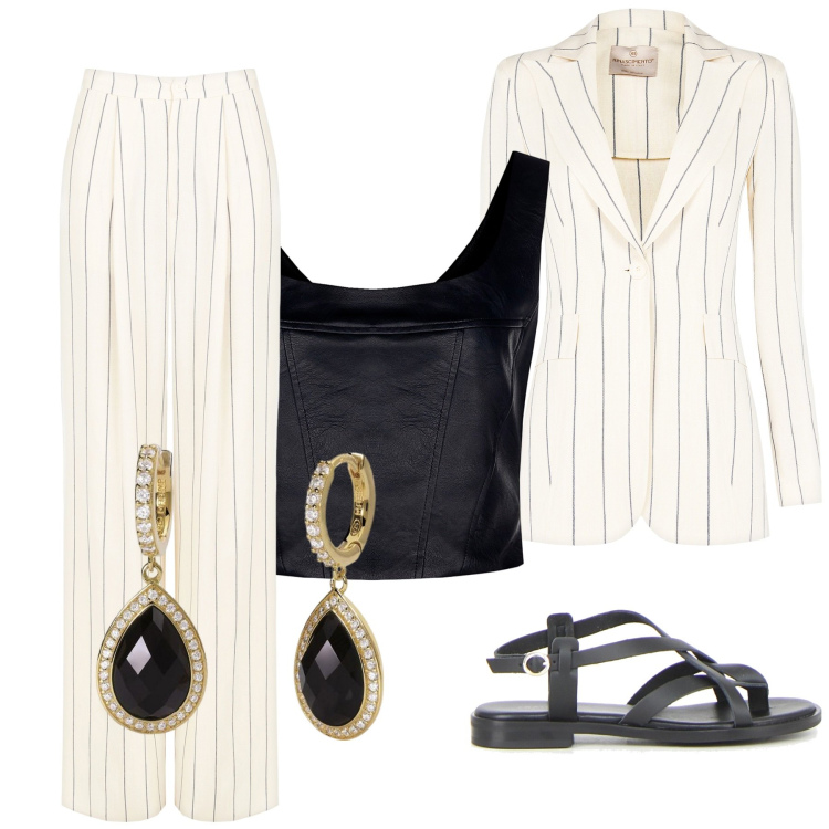 Outfit donna - Raffinata a righe. Stile Chic per Serata fuori. Abbinamento con orecchini, top, pantaloni, blazer, sandali.