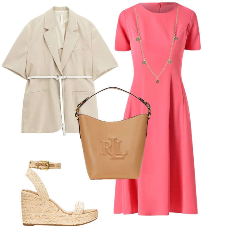 Outfit donna - Chemisier corallo. Stile Casual chic per Serata fuori. Abbinamento con vestiti midi/longuette, ciondoli, blazer, borse a secchiello, zeppe.