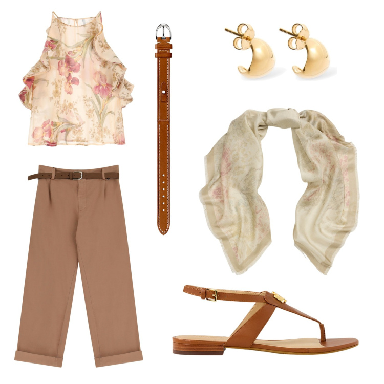 Outfit donna - Al lavoro. Stile Casual chic per Tutti i giorni. Abbinamento con canottiere, pantaloni chino, orologi, sandali, foulard, orecchini.