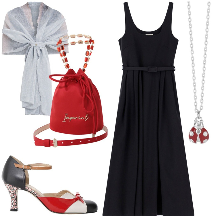 Outfit donna - Cena romantica. Stile Chic per Serata fuori. Abbinamento con collane, stole, borse a secchiello, vestiti midi/longuette, décolleté.