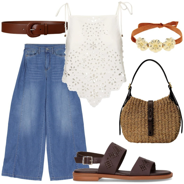 Outfit donna - Trendy boho chic. Stile Boho per Tutti i giorni. Abbinamento con jeans, borse a spalla, cinture, collane, top, sandali.