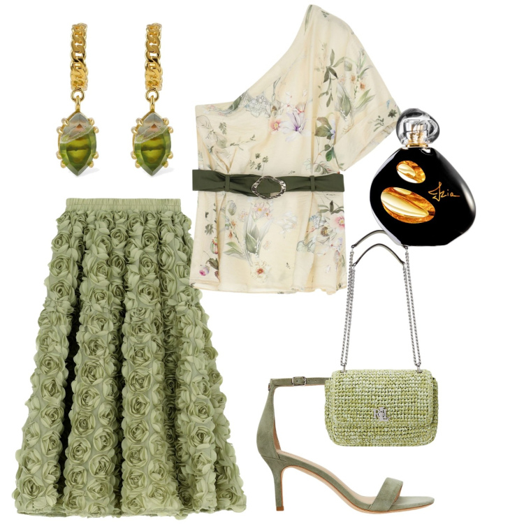 Outfit donna - Wedding guest. Stile Bon Ton per Cerimonia. Abbinamento con profumi, top, gonne, sandali in pelle, borse a spalla, orecchini.