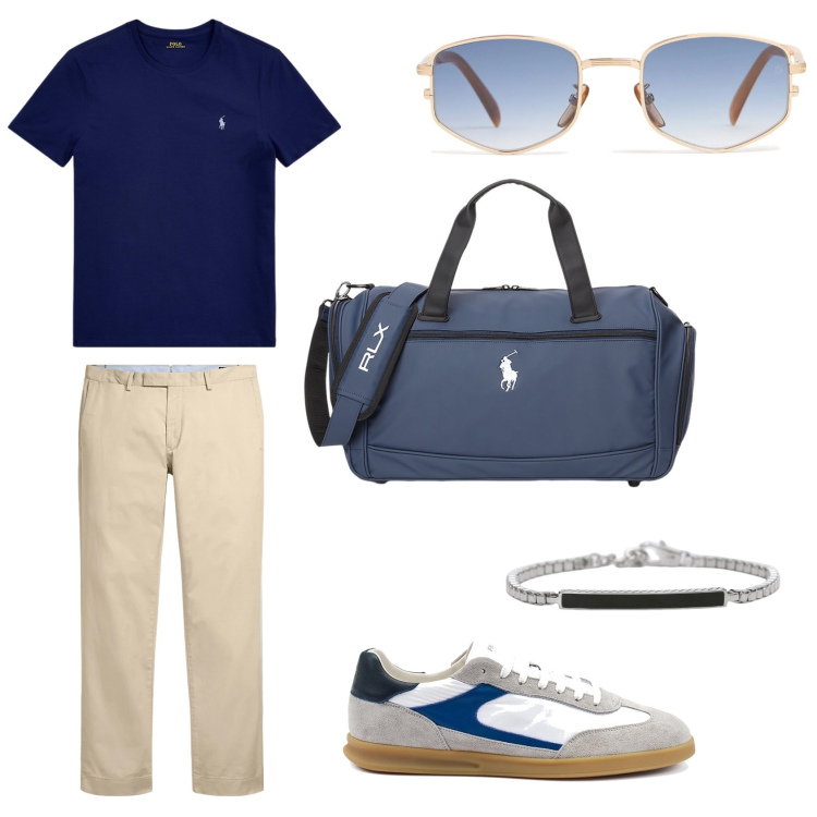 Outfit uomo - Sport ma con eleganza. Stile Casual per Sport. Abbinamento con braccialetti, t-shirt, pantaloni chino, borse sportive, sneakers, occhiali da sole.