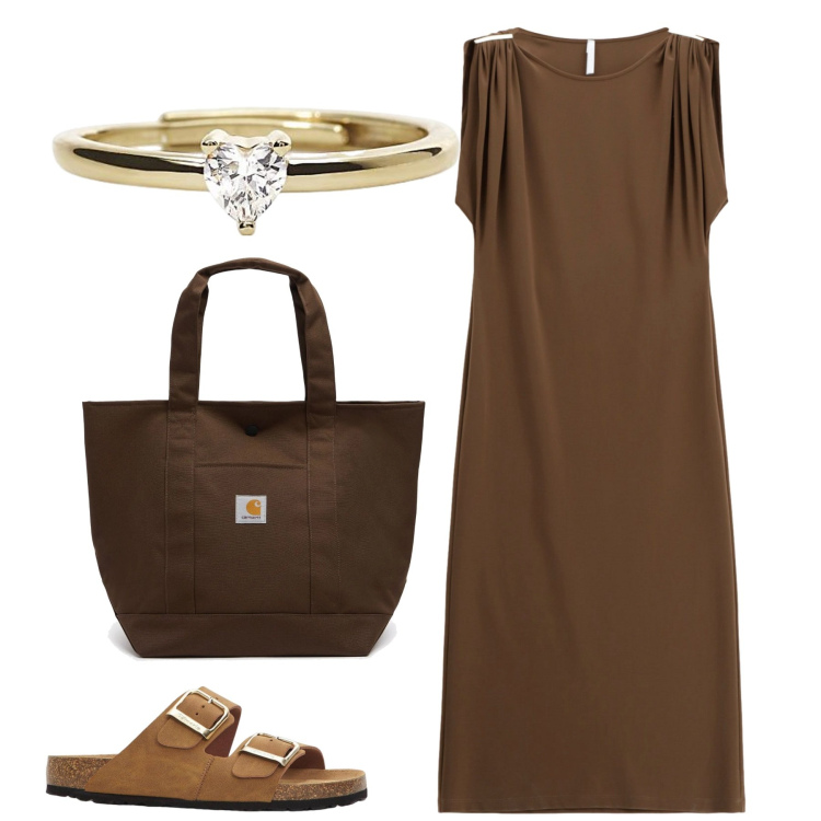 Outfit donna - Moka. Stile Bon Ton per Tutti i giorni. Abbinamento con ciabatte, anelli, vestiti lunghi, borse tote.