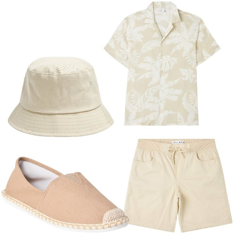 Outfit uomo - Tutto chiaro. Stile Casual per Tutti i giorni. Abbinamento con cappelli, camicie a manica corta, shorts, espadrillas.