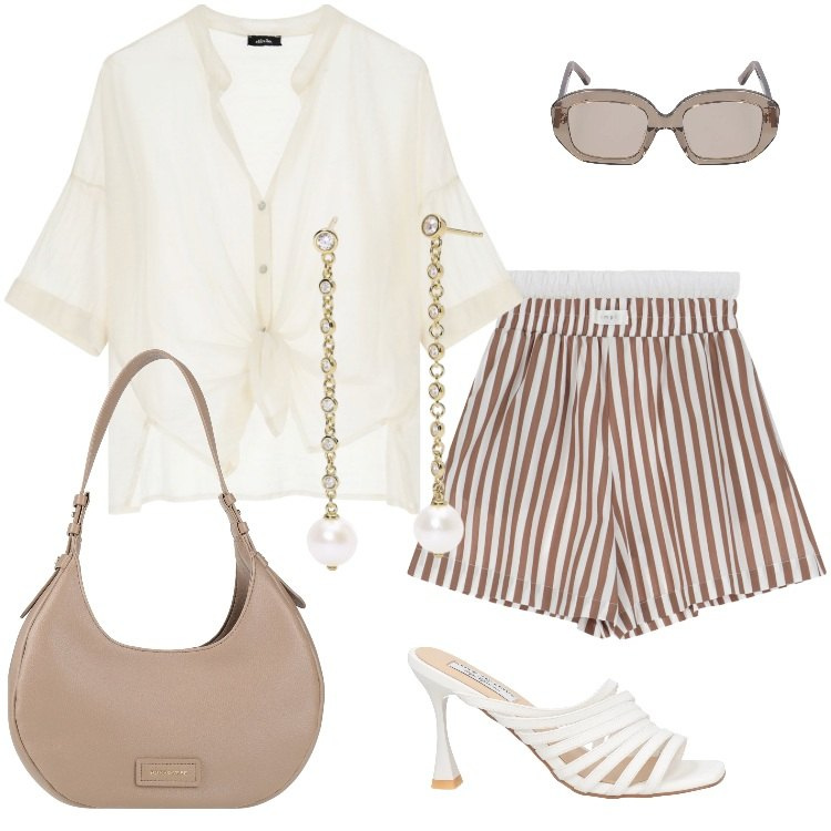 Outfit donna - Total look #2186582. Stile Casual per Tutti i giorni. Abbinamento con borse a spalla, sandali in pelle, orecchini, pantaloni corti, camicie, occhiali da sole.