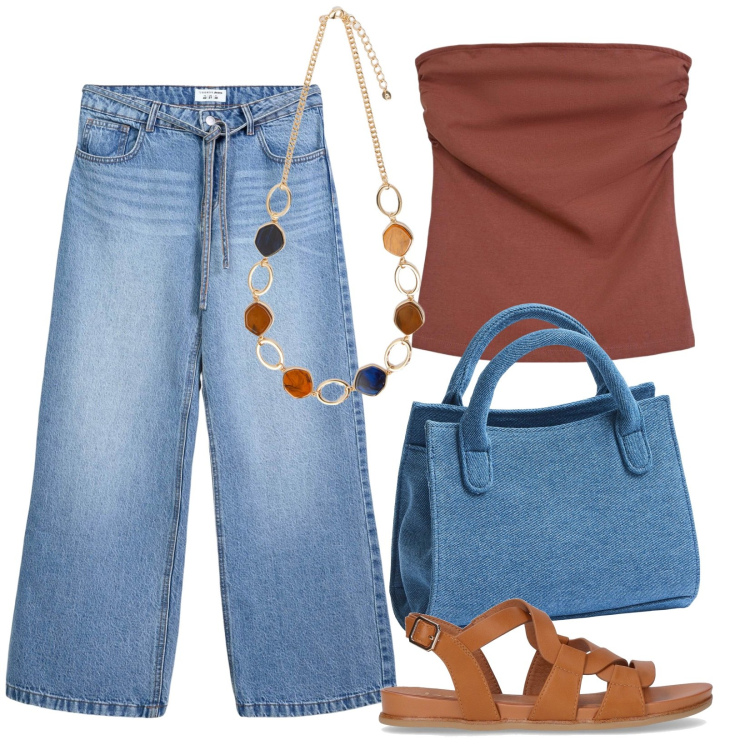 Outfit donna - Spalle scoperte. Stile Casual per Tutti i giorni. Abbinamento con jeans, borse a tracolla, top, collane, sandali.