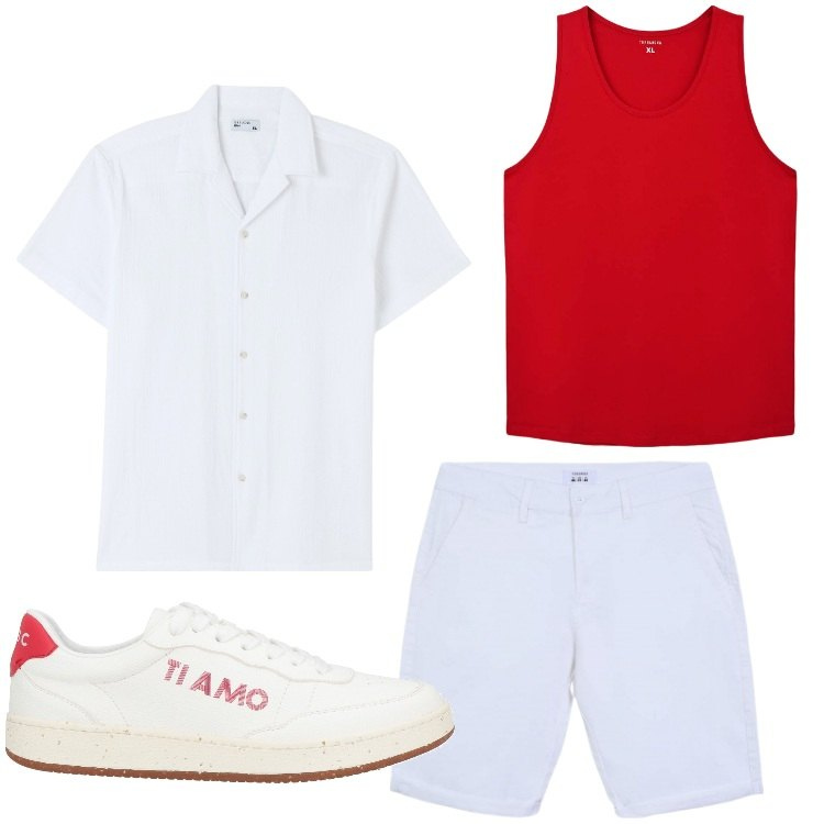 Outfit uomo - Con amore. Stile Casual per Tutti i giorni. Abbinamento con sneakers, camicie a manica corta, canottiere, bermuda.