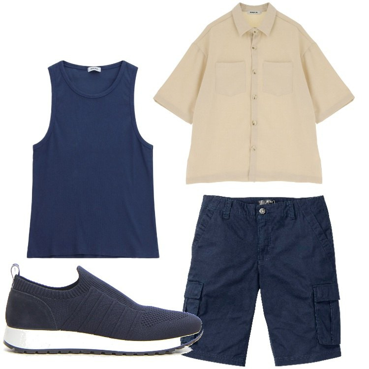 Outfit uomo - Sabbia e mare. Stile Casual per Tutti i giorni. Abbinamento con bermuda, camicie a manica corta, canottiere, sneakers.