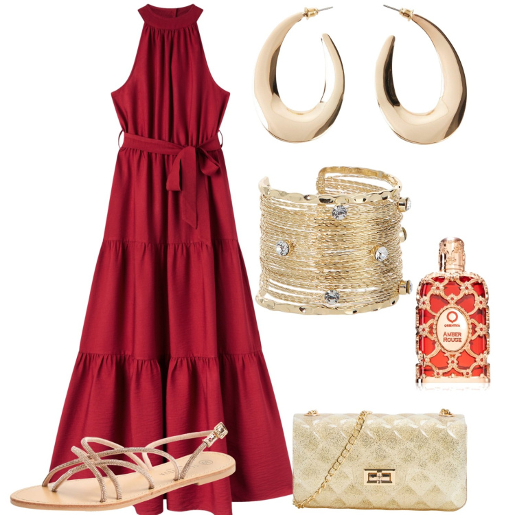 Outfit donna - Lady in red. Stile Chic per Serata fuori. Abbinamento con orecchini, profumi, sandali, borse a tracolla, vestiti lunghi, braccialetti.