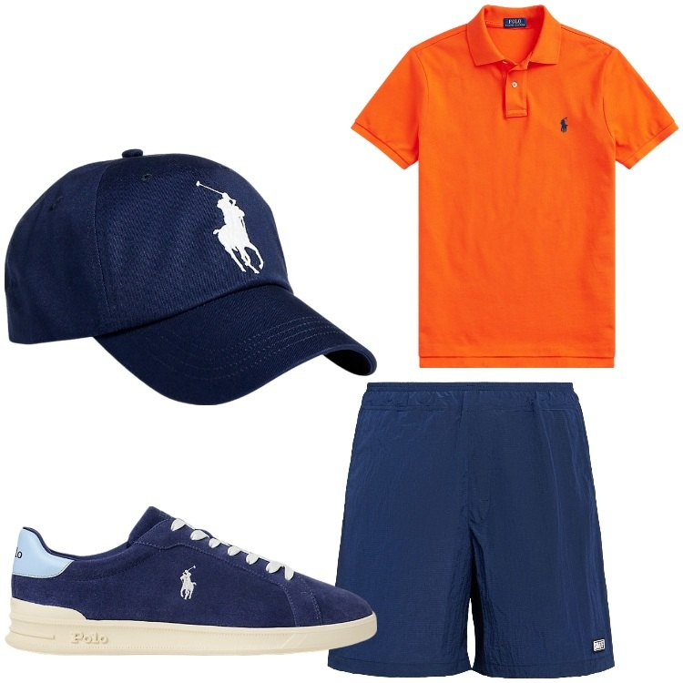 Outfit uomo - Arancio. Stile Casual per Tutti i giorni. Abbinamento con cappelli, polo, sneakers, shorts.