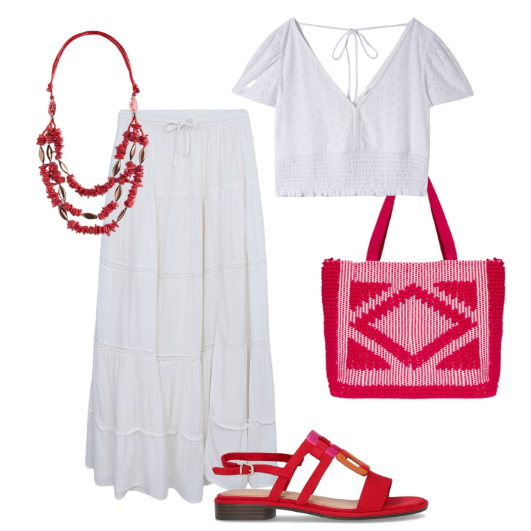 Outfit donna - Bianco sangallo e macramè. Stile Boho per Tutti i giorni. Abbinamento con bluse, gonne lunghe, borse a mano, collane, sandali.