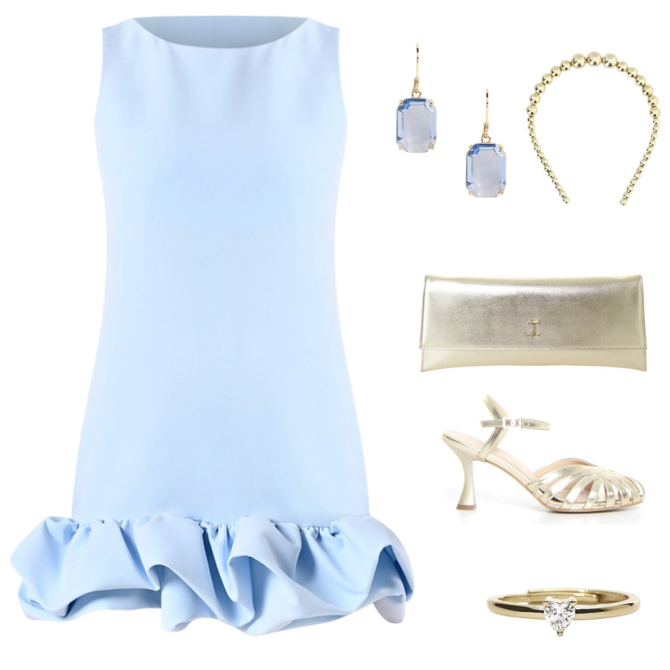 Outfit donna - Light blu. Stile Glamour per Cerimonia. Abbinamento con vestiti corti, anelli, pochette, cerchietti, orecchini, sandali col tacco.