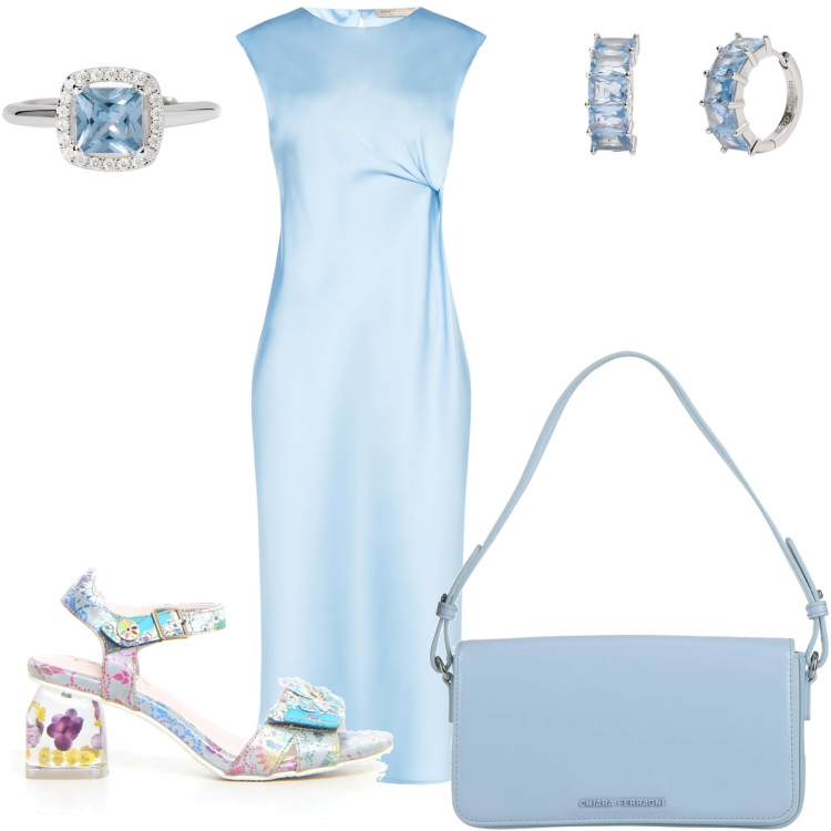 Outfit donna - Cerimonia celeste. Stile Chic per Cerimonia. Abbinamento con borse a mano, vestiti midi/longuette, anelli, orecchini, sandali col tacco.