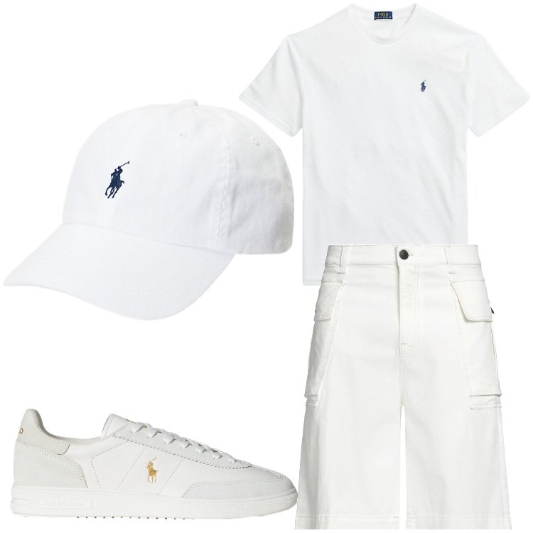 Outfit uomo - Partita a golf. Stile Casual per Tutti i giorni. Abbinamento con shorts, cappelli, sneakers, t-shirt.
