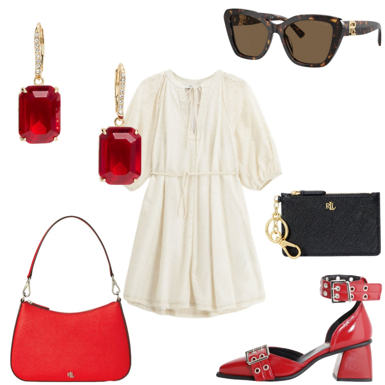 Outfit donna - Un\'estate esplosiva. Stile Glamour per Serata fuori. Abbinamento con vestiti corti, décolleté, occhiali da sole, borse a spalla, portafogli, orecchini.