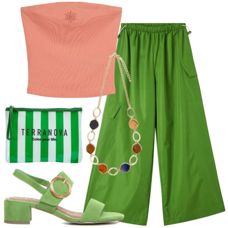 Outfit donna - Sensuale e raffinata. Stile Chic per Serata fuori. Abbinamento con top, pantaloni cargo, pochette, collane, sandali col tacco.