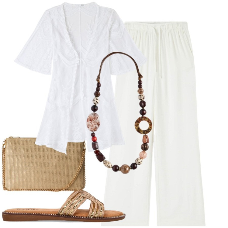 Outfit donna - Bianco curvy power. Stile Casual chic per Serata fuori. Abbinamento con pantaloni, borse a tracolla, caftani, collane, ciabatte.