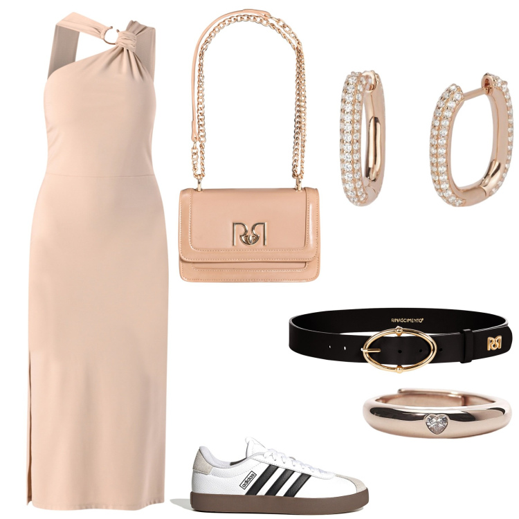 Outfit donna - Casual. Stile Casual chic per Serata fuori. Abbinamento con orecchini, anelli, vestiti asimmetrici, cinture, borse a tracolla, sneakers.