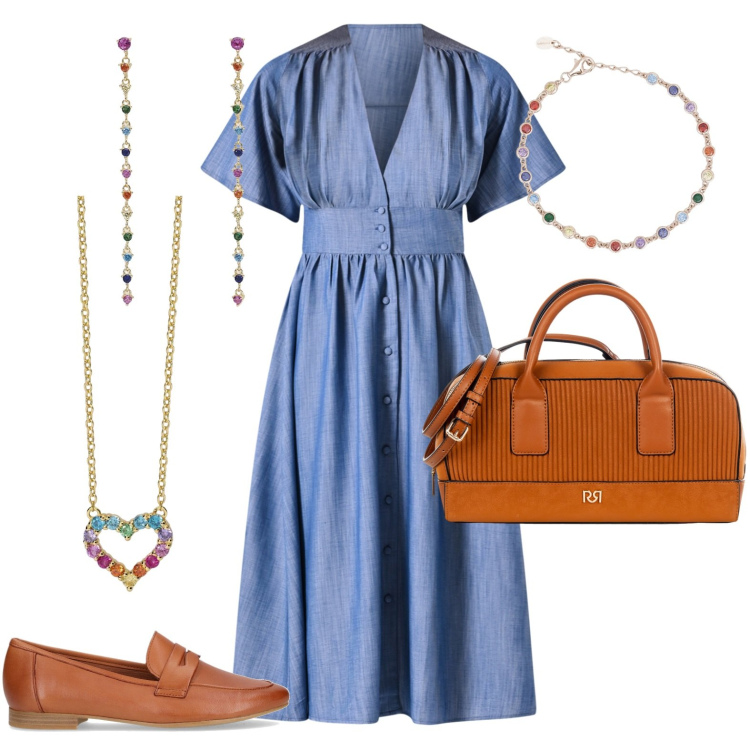Outfit donna - Comodità. Stile Casual per Tutti i giorni. Abbinamento con orecchini, braccialetti, collane, borse a mano, vestiti chemisier, mocassini.