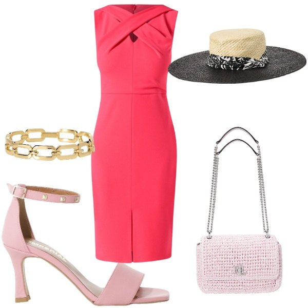 Outfit donna - l\'abito color corallo. Stile Chic per Cerimonia. Abbinamento con braccialetti, vestiti a tubino, sandali col tacco, borse a spalla, cappelli.