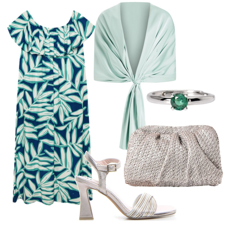 Outfit donna - Raffinata con le spalle scoperte. Stile Chic per Cerimonia. Abbinamento con anelli, clutch, stole, vestiti lunghi, sandali col tacco.