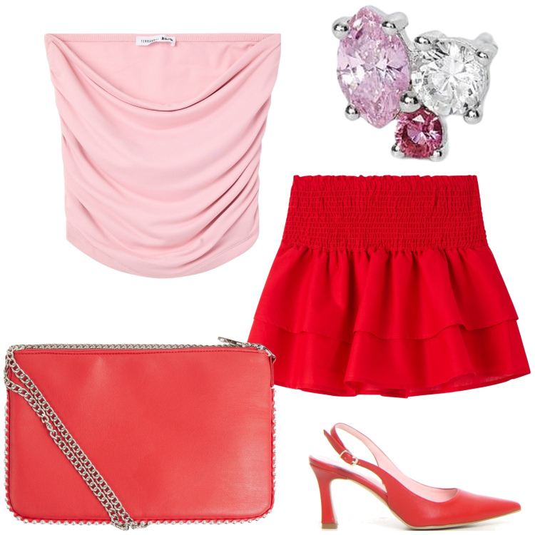 Outfit donna - Pink and red combo chic. Stile Glamour per Serata fuori. Abbinamento con borse a tracolla, minigonne, top, orecchini, décolleté.