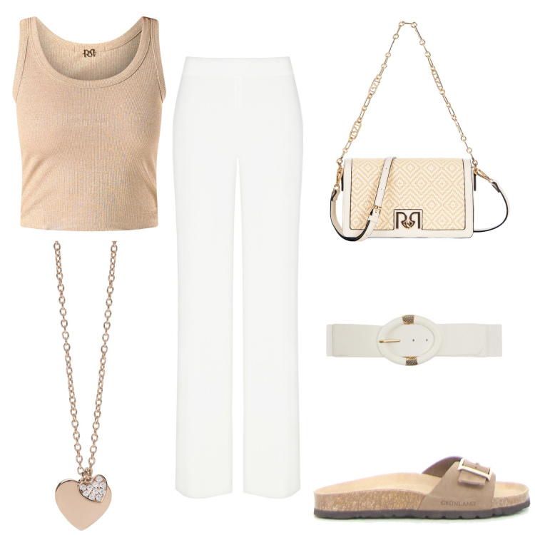 Outfit donna - White power. Stile Bon Ton per Tutti i giorni. Abbinamento con cinture, ciondoli, pantaloni a palazzo, borse a tracolla, canottiere, ciabatte.