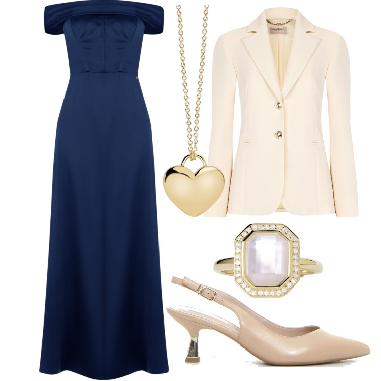 Outfit donna - La mamma della sposa. Stile Chic per Cerimonia. Abbinamento con anelli, collane, vestiti lunghi, blazer, décolleté.