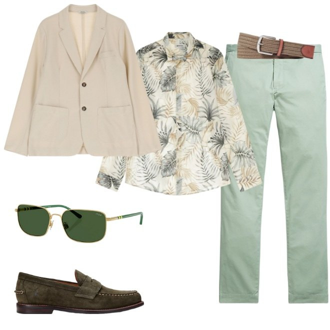 Outfit uomo - Mocassino verde. Stile Urban per Tutti i giorni. Abbinamento con giacche, camicie, cinture, pantaloni chino, scarpe stringate, occhiali da sole.