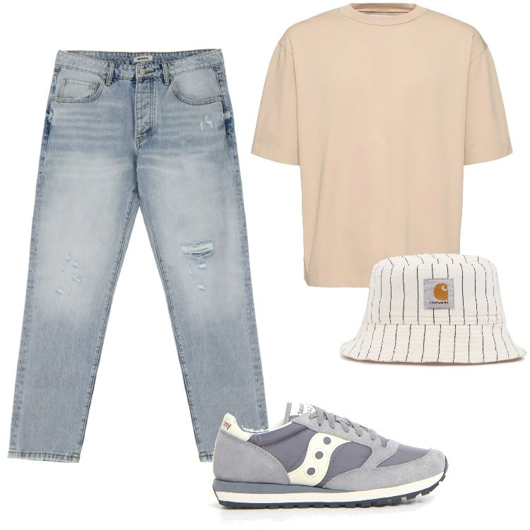 Outfit uomo - Total look #2186627. Stile Urban per Tutti i giorni. Abbinamento con jeans strappati, cappelli, t-shirt, sneakers.