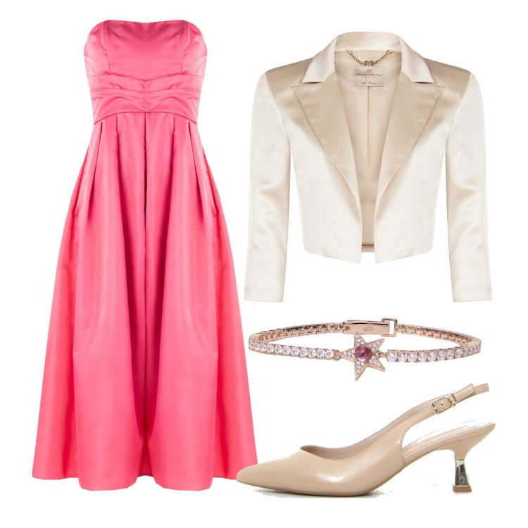 Outfit donna - Raffinata alle nozze. Stile Chic per Cerimonia. Abbinamento con braccialetti, bolero, vestiti midi/longuette, décolleté.