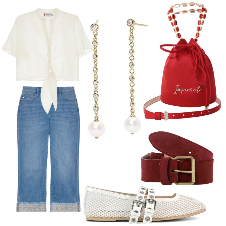 Outfit donna - Anni 50. Stile Vintage retrò per Tutti i giorni. Abbinamento con orecchini, camicie a manica corta, borse a secchiello, cinture, ballerine, jeans dritti.