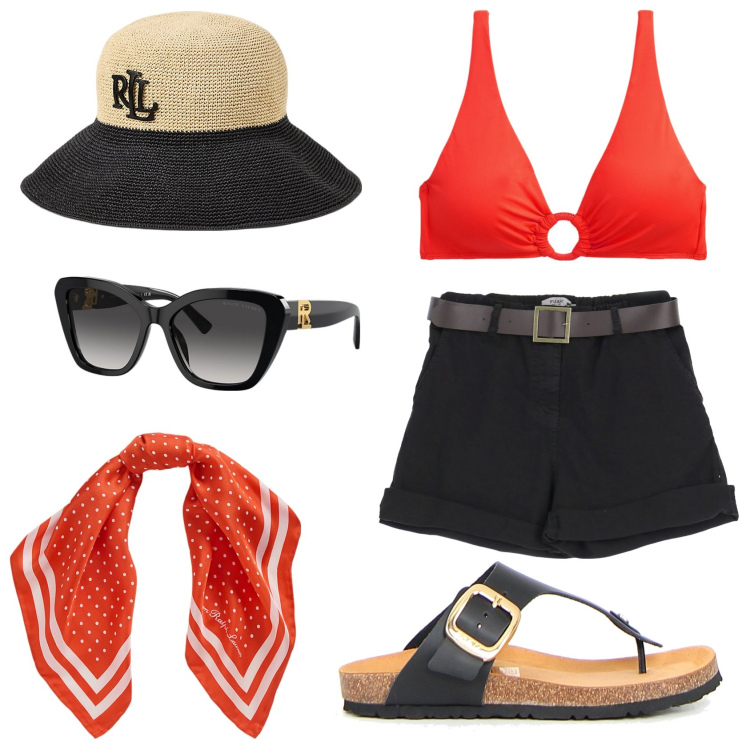 Outfit donna - Una mattina al mare. Stile Casual chic per Mare. Abbinamento con shorts, occhiali da sole, foulard, cappelli, bikini, infradito.