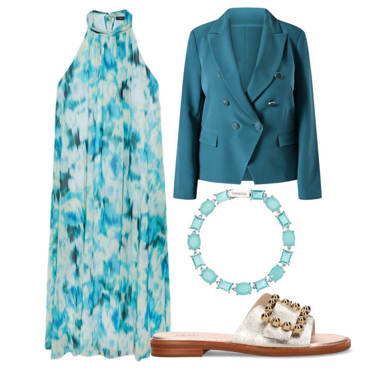 Outfit donna - Cena in terrazza. Stile Chic per Serata fuori. Abbinamento con braccialetti, blazer, vestiti lunghi, ciabatte.
